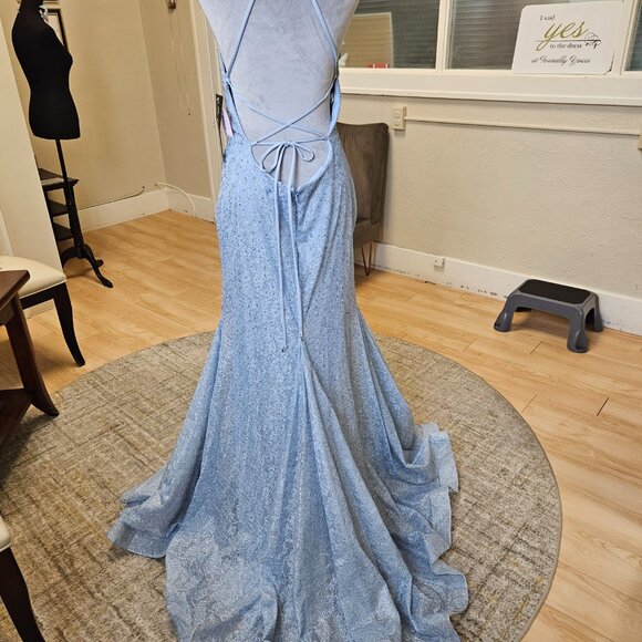 Size 14 light blue shimmer lace/rhinestone high neck lace trumpet NWT - Picture 2 of 11